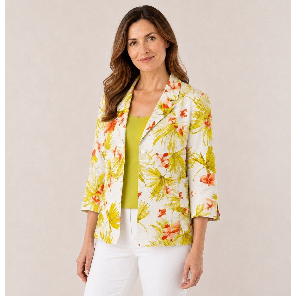 Rena Rowan Women’s Size 14 Linen Blend Tropical Floral Blazer Jacket NWT